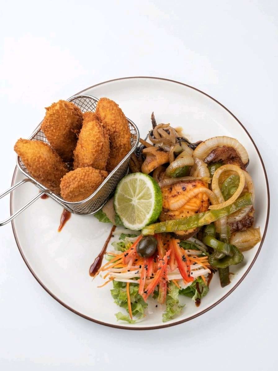 Peixe Grelhado com Salada e Croquetes